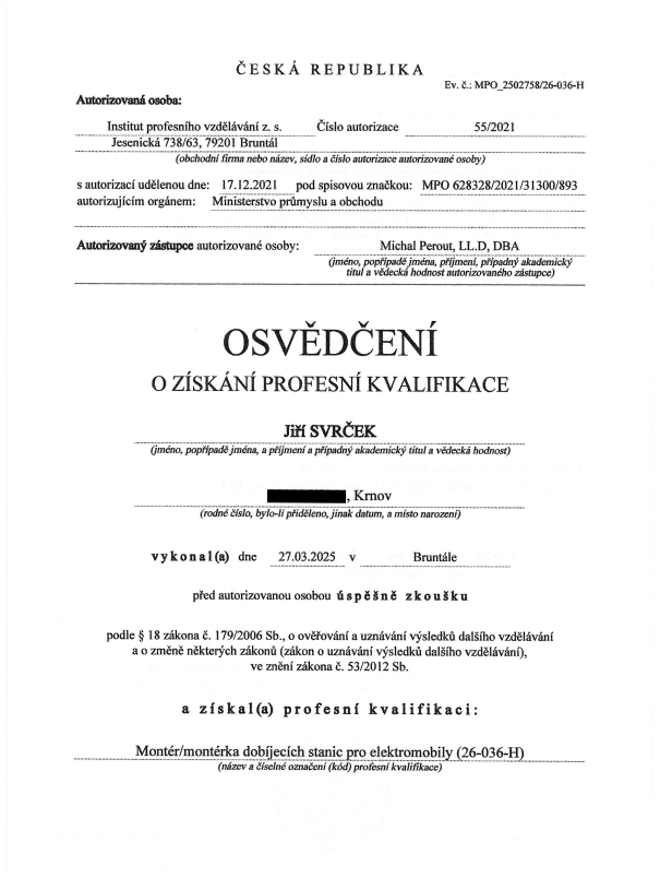 Osvědčení o získání profesní kvalifikace pro dobíjecí stanice elektromobilů