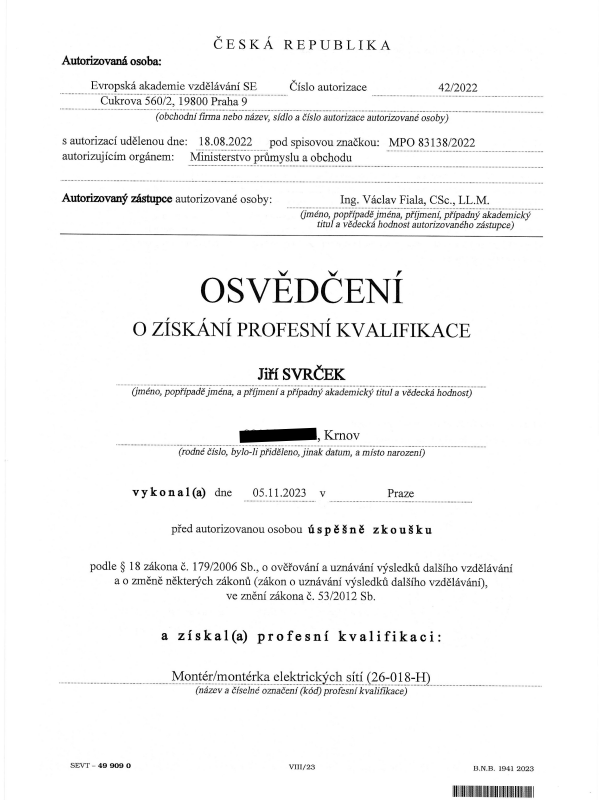 Osvědčení o získání profesní kvalifikace pro elektrické sítě