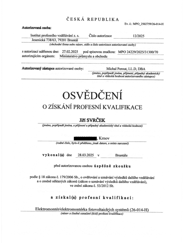 Osvědčení o získání profesní kvalifikace pro fotovoltaické systémy