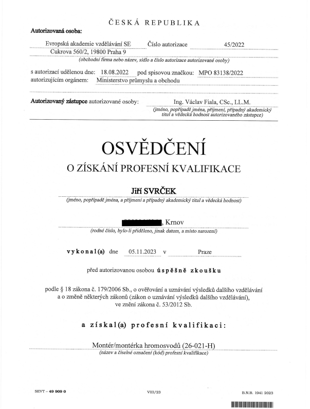 Osvědčení o získání profesní kvalifikace pro hromosvody